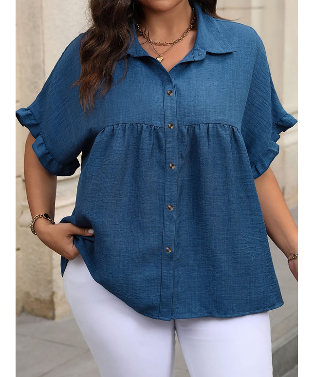 KissICON Plus Size Women'S Button-Up Shirt, Stylish Short-Sleeve Collared Top for Summer Office Wear.