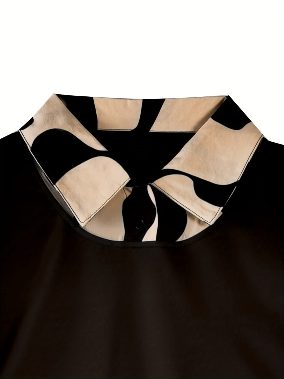 KissICON Plus Size Women's Casual Abstract Print Puffed Sleeve Blouse - Long Sleeve Button-Up Shirt with Black & Beige Contrast, All-Season Versatile Top