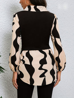 KissICON Plus Size Women's Casual Abstract Print Puffed Sleeve Blouse - Long Sleeve Button-Up Shirt with Black & Beige Contrast, All-Season Versatile Top