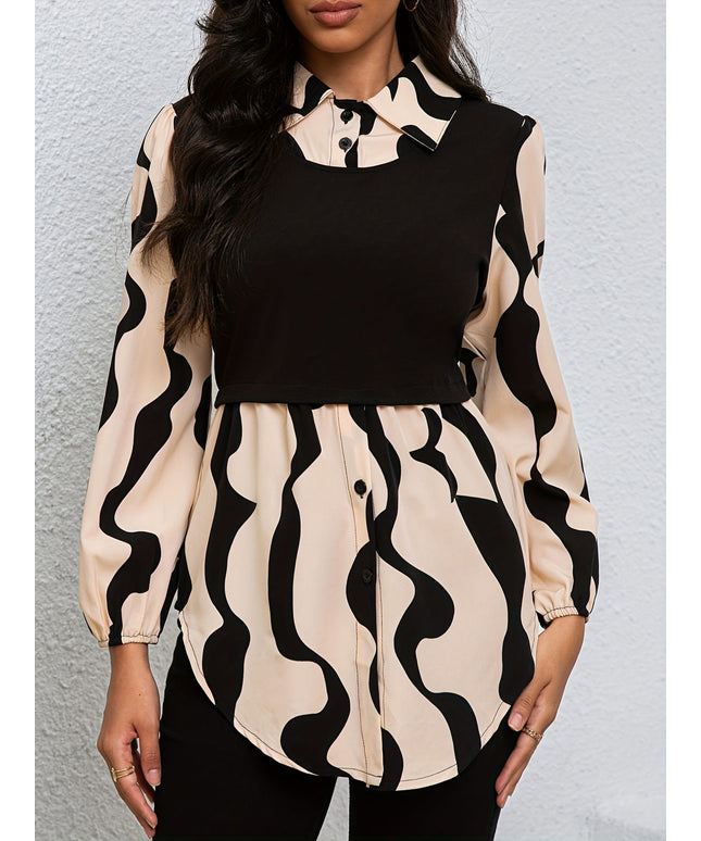 KissICON Plus Size Women's Casual Abstract Print Puffed Sleeve Blouse - Long Sleeve Button-Up Shirt with Black & Beige Contrast, All-Season Versatile Top