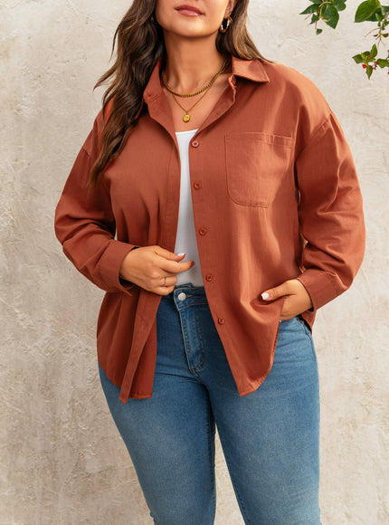 KissICON Plus Size Women's Casual Long Sleeve Button-Up Shirt - Relaxed Fit Solid Color Non-See-Through Fabric, Classic Collar Button Front Placket for Spring/Autumn Versatile Layering, Hand Wash Only, Elegant Long Sleeve Button Blous