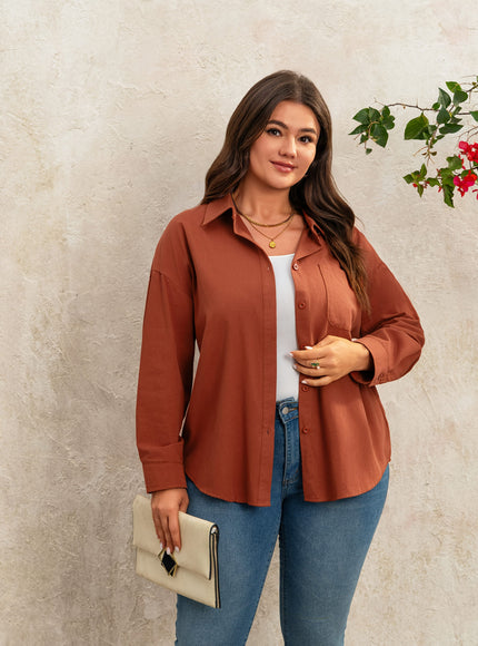KissICON Plus Size Women's Casual Long Sleeve Button-Up Shirt - Relaxed Fit Solid Color Non-See-Through Fabric, Classic Collar Button Front Placket for Spring/Autumn Versatile Layering, Hand Wash Only, Elegant Long Sleeve Button Blous