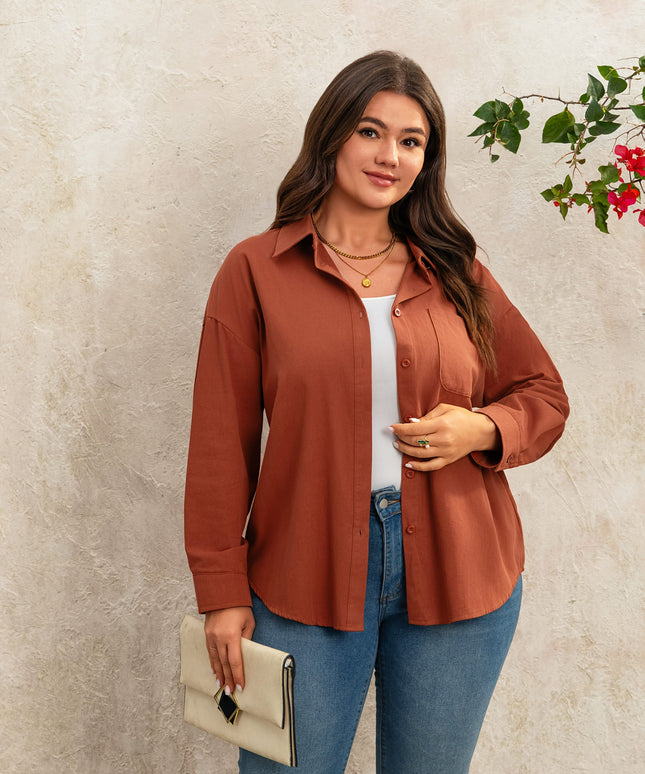 KissICON Plus Size Women's Casual Long Sleeve Button-Up Shirt - Relaxed Fit Solid Color Non-See-Through Fabric, Classic Collar Button Front Placket for Spring/Autumn Versatile Layering, Hand Wash Only, Elegant Long Sleeve Button Blous