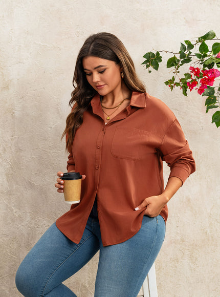 KissICON Plus Size Women's Casual Long Sleeve Button-Up Shirt - Relaxed Fit Solid Color Non-See-Through Fabric, Classic Collar Button Front Placket for Spring/Autumn Versatile Layering, Hand Wash Only, Elegant Long Sleeve Button Blous