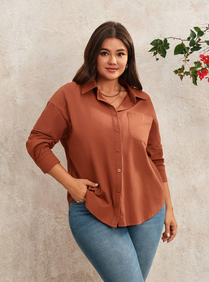 KissICON Plus Size Women's Casual Long Sleeve Button-Up Shirt - Relaxed Fit Solid Color Non-See-Through Fabric, Classic Collar Button Front Placket for Spring/Autumn Versatile Layering, Hand Wash Only, Elegant Long Sleeve Button Blous