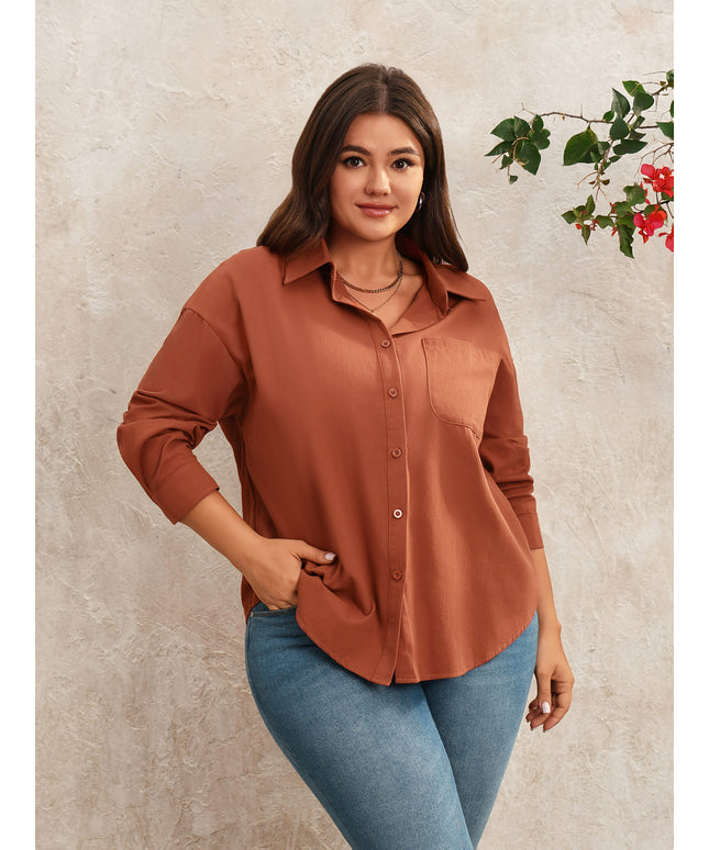 KissICON Plus Size Women's Casual Long Sleeve Button-Up Shirt - Relaxed Fit Solid Color Non-See-Through Fabric, Classic Collar Button Front Placket for Spring/Autumn Versatile Layering, Hand Wash Only, Elegant Long Sleeve Button Blous