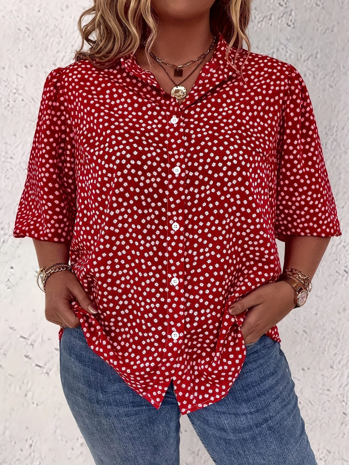 KissICON Plus Size Women's Casual Shirt - Floral Print Front Button-Up Blouse with Puff Sleeves, Stand-Up Collar & Lightweight Breathable Fabric for Summer, Machine Washable H-Line Silhouette (Elegant Collection), Relaxed Fit Clothing