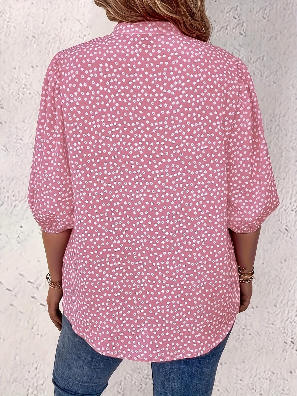 KissICON Plus Size Women's Casual Shirt - Floral Print Front Button-Up Blouse with Puff Sleeves, Stand-Up Collar & Lightweight Breathable Fabric for Summer, Machine Washable H-Line Silhouette (Elegant Collection), Relaxed Fit Clothing