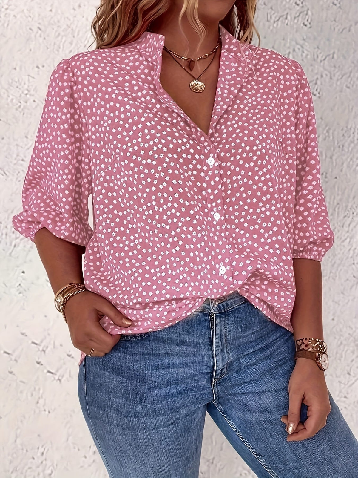 KissICON Plus Size Women's Casual Shirt - Floral Print Front Button-Up Blouse with Puff Sleeves, Stand-Up Collar & Lightweight Breathable Fabric for Summer, Machine Washable H-Line Silhouette (Elegant Collection), Relaxed Fit Clothing