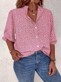 KissICON Plus Size Women's Casual Shirt - Floral Print Front Button-Up Blouse with Puff Sleeves, Stand-Up Collar & Lightweight Breathable Fabric for Summer, Machine Washable H-Line Silhouette (Elegant Collection), Relaxed Fit Clothing