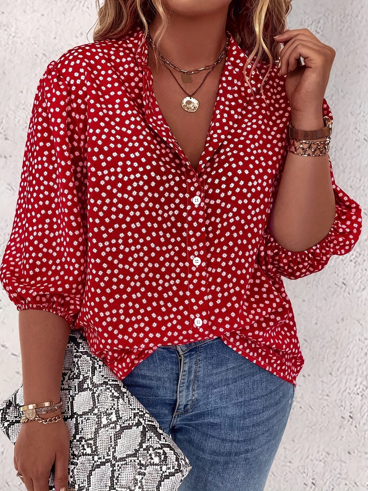 KissICON Plus Size Women's Casual Shirt - Floral Print Front Button-Up Blouse with Puff Sleeves, Stand-Up Collar & Lightweight Breathable Fabric for Summer, Machine Washable H-Line Silhouette (Elegant Collection), Relaxed Fit Clothing