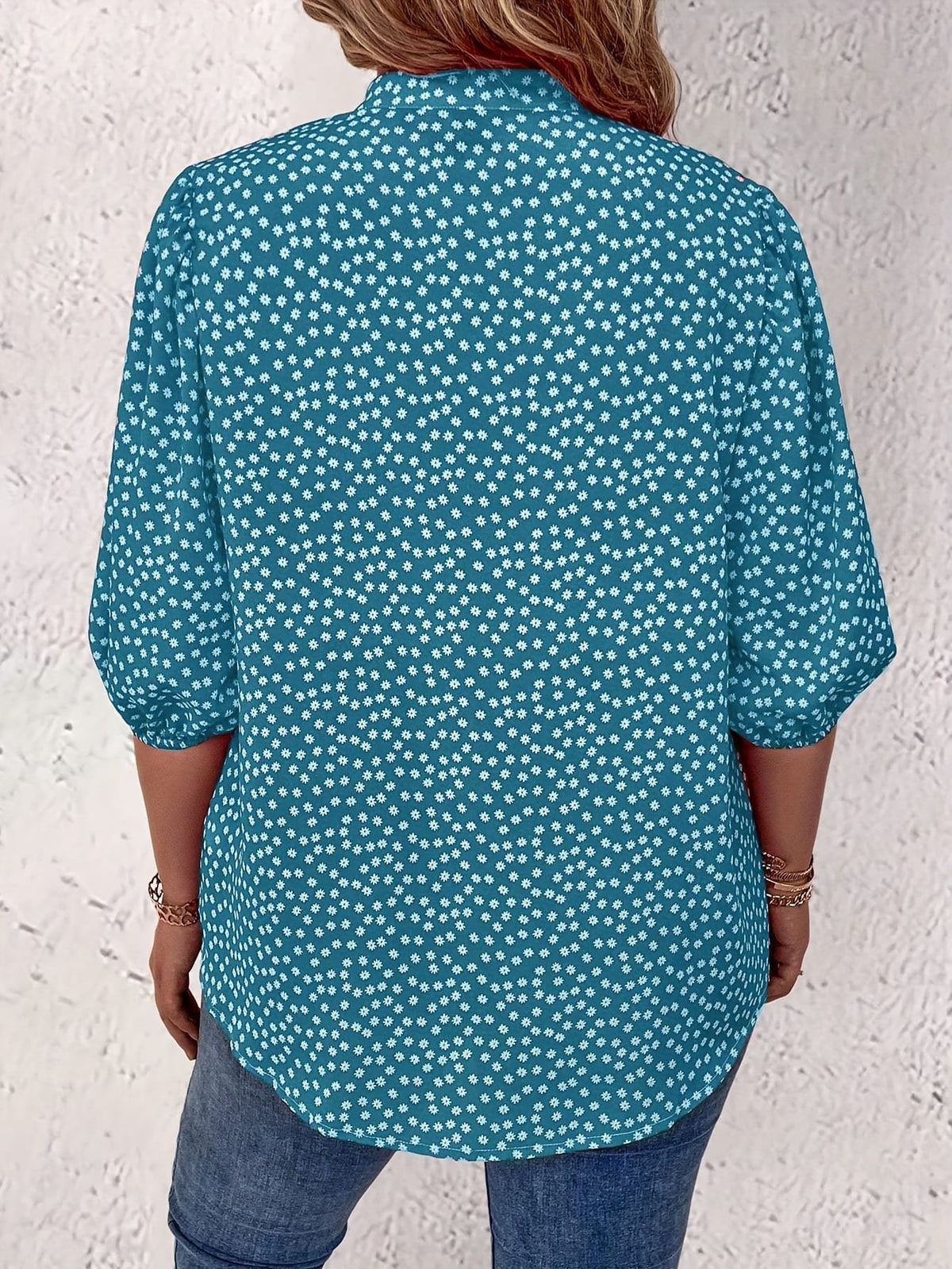 KissICON Plus Size Women's Casual Shirt - Floral Print Front Button-Up Blouse with Puff Sleeves, Stand-Up Collar & Lightweight Breathable Fabric for Summer, Machine Washable H-Line Silhouette (Elegant Collection), Relaxed Fit Clothing