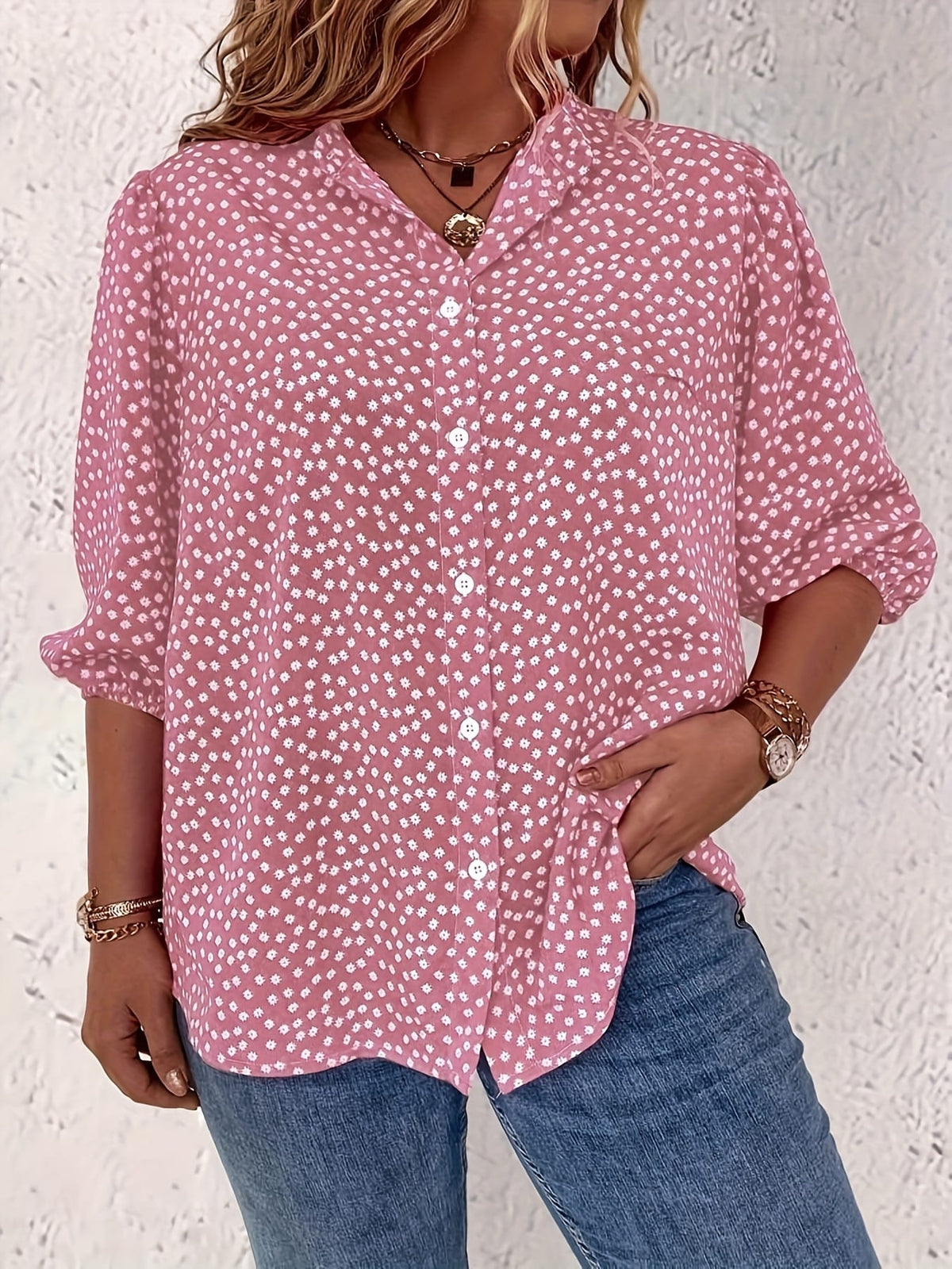 KissICON Plus Size Women's Casual Shirt - Floral Print Front Button-Up Blouse with Puff Sleeves, Stand-Up Collar & Lightweight Breathable Fabric for Summer, Machine Washable H-Line Silhouette (Elegant Collection), Relaxed Fit Clothing