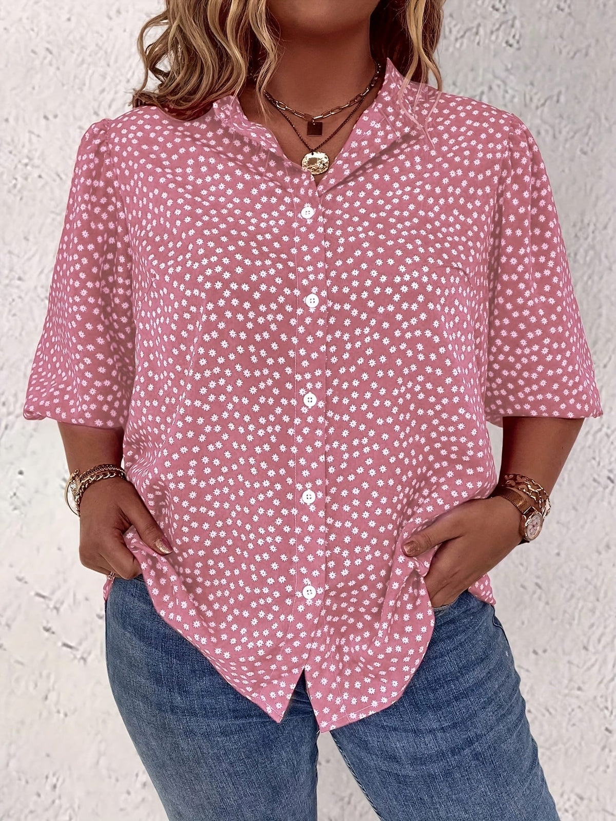 KissICON Plus Size Women's Casual Shirt - Floral Print Front Button-Up Blouse with Puff Sleeves, Stand-Up Collar & Lightweight Breathable Fabric for Summer, Machine Washable H-Line Silhouette (Elegant Collection), Relaxed Fit Clothing