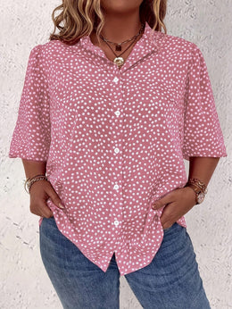 KissICON Plus Size Women's Casual Shirt - Floral Print Front Button-Up Blouse with Puff Sleeves, Stand-Up Collar & Lightweight Breathable Fabric for Summer, Machine Washable H-Line Silhouette (Elegant Collection), Relaxed Fit Clothing