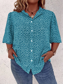 KissICON Plus Size Women's Casual Shirt - Floral Print Front Button-Up Blouse with Puff Sleeves, Stand-Up Collar & Lightweight Breathable Fabric for Summer, Machine Washable H-Line Silhouette (Elegant Collection), Relaxed Fit Clothing