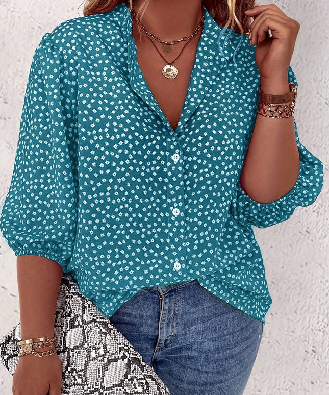 KissICON Plus Size Women's Casual Shirt - Floral Print Front Button-Up Blouse with Puff Sleeves, Stand-Up Collar & Lightweight Breathable Fabric for Summer, Machine Washable H-Line Silhouette (Elegant Collection), Relaxed Fit Clothing