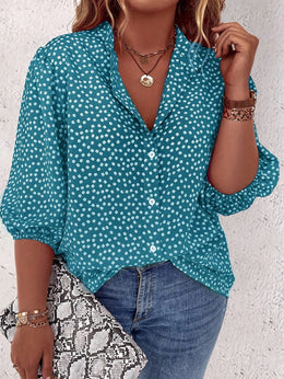 KissICON Plus Size Women's Casual Shirt - Floral Print Front Button-Up Blouse with Puff Sleeves, Stand-Up Collar & Lightweight Breathable Fabric for Summer, Machine Washable H-Line Silhouette (Elegant Collection), Relaxed Fit Clothing
