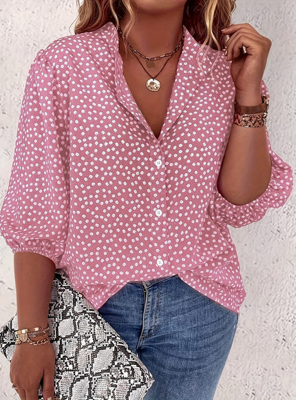 KissICON Plus Size Women's Casual Shirt - Floral Print Front Button-Up Blouse with Puff Sleeves, Stand-Up Collar & Lightweight Breathable Fabric for Summer, Machine Washable H-Line Silhouette (Elegant Collection), Relaxed Fit Clothing