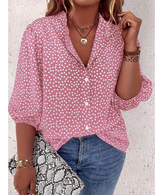 KissICON Plus Size Women's Casual Shirt - Floral Print Front Button-Up Blouse with Puff Sleeves, Stand-Up Collar & Lightweight Breathable Fabric for Summer, Machine Washable H-Line Silhouette (Elegant Collection), Relaxed Fit Clothing