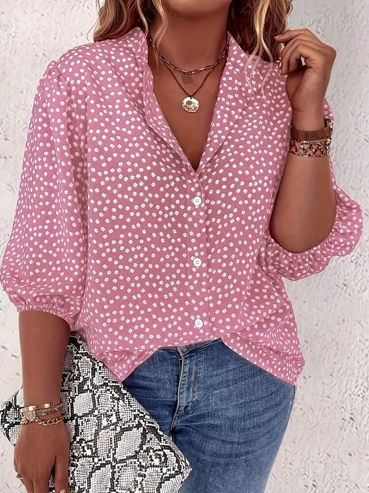 KissICON Plus Size Women's Casual Shirt - Floral Print Front Button-Up Blouse with Puff Sleeves, Stand-Up Collar & Lightweight Breathable Fabric for Summer, Machine Washable H-Line Silhouette (Elegant Collection), Relaxed Fit Clothing