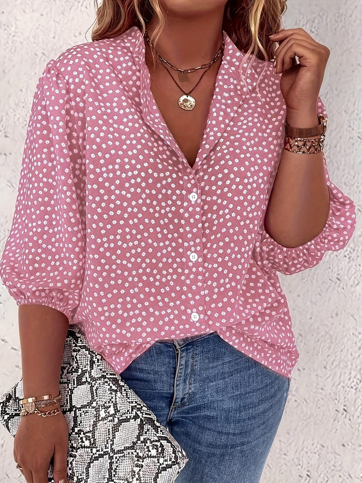 Plus Size Women's Casual Shirt - Floral Print Front Button-Up Blouse with Puff Sleeves, Stand-Up Collar & Lightweight Breathable Fabric for Summer, Machine Washable H-Line Silhouette (Elegant Collection), Relaxed Fit Clothing