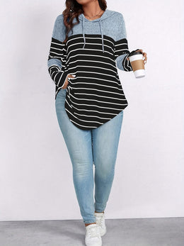 jkthpu-45 Plus Size, Women's Casual Striped Hooded Sweatshirt -