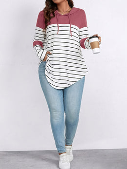 jkthpu-45 Plus Size, Women's Casual Striped Hooded Sweatshirt -