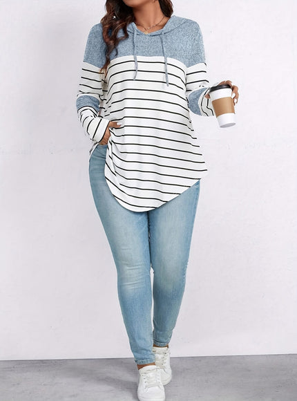 jkthpu-45 Plus Size, Women's Casual Striped Hooded Sweatshirt -