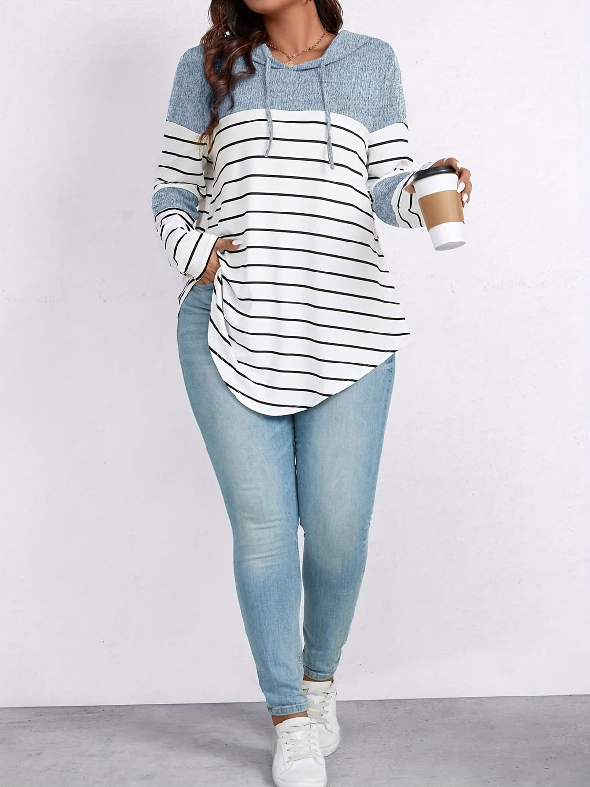 jkthpu-45 Plus Size, Women's Casual Striped Hooded Sweatshirt -
