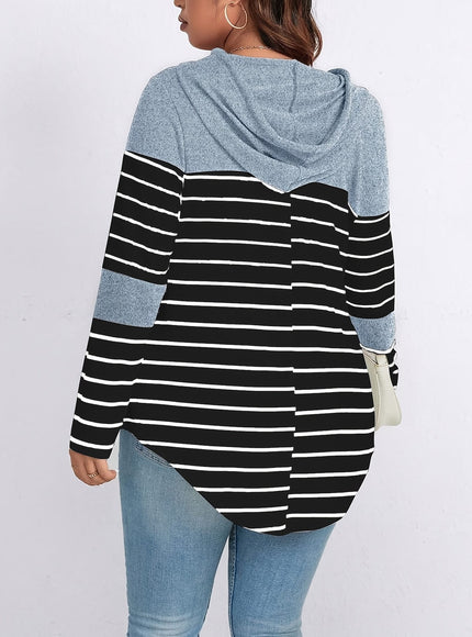 jkthpu-45 Plus Size, Women's Casual Striped Hooded Sweatshirt -