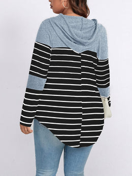 jkthpu-45 Plus Size, Women's Casual Striped Hooded Sweatshirt -