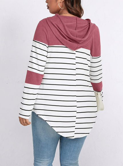 jkthpu-45 Plus Size, Women's Casual Striped Hooded Sweatshirt -