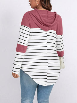 jkthpu-45 Plus Size, Women's Casual Striped Hooded Sweatshirt -