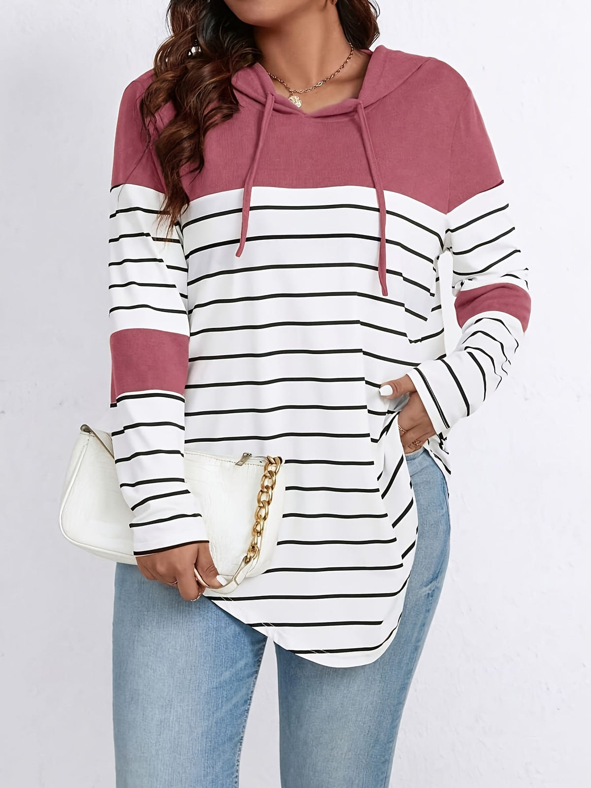 jkthpu-45 Plus Size, Women's Casual Striped Hooded Sweatshirt -