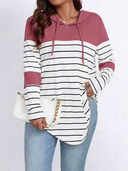 jkthpu-45 Plus Size, Women's Casual Striped Hooded Sweatshirt -