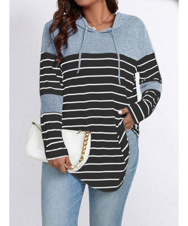 jkthpu-45 Plus Size, Women's Casual Striped Hooded Sweatshirt -