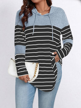 jkthpu-45 Plus Size, Women's Casual Striped Hooded Sweatshirt -