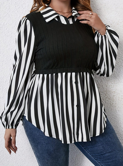 KissICON Plus Size Women's Casual Striped Sleeve Blouse - Black & White Contrast, Puffed Shoulders, Classic Collar, All-Season Versatile Top, Ladies Sleeve Tops, Puffed Shoulder Design