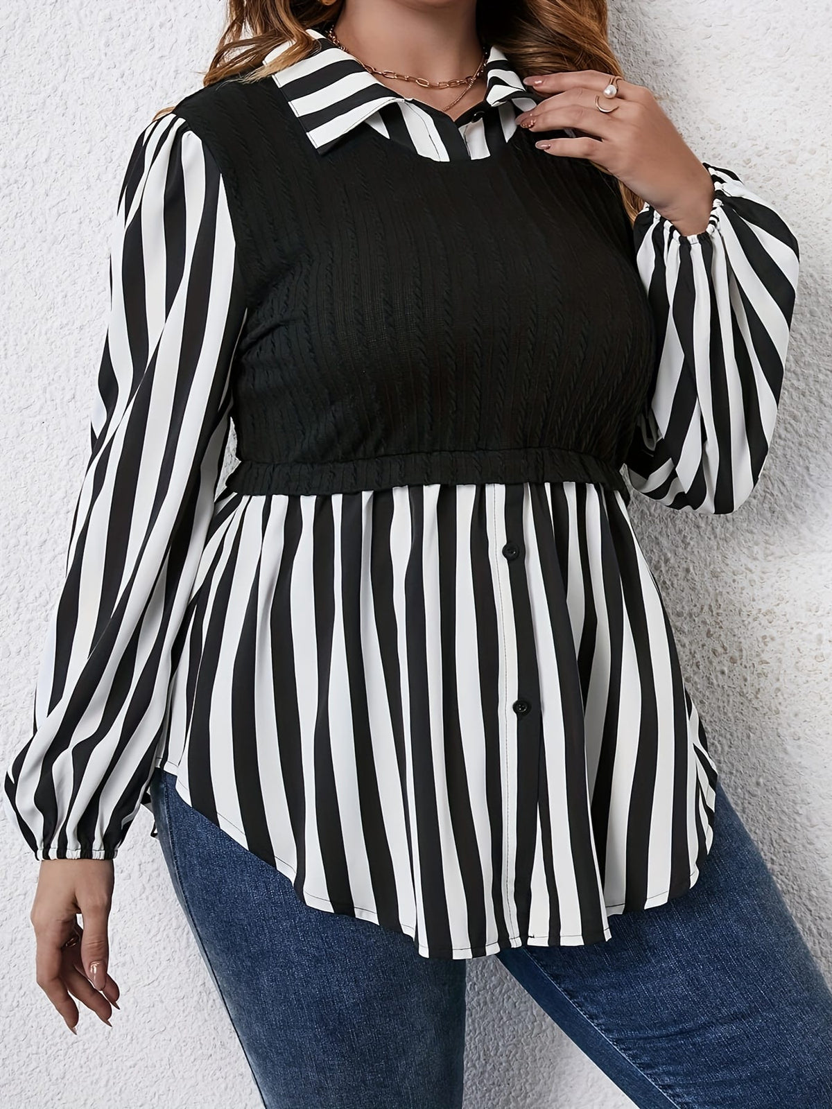 KissICON Plus Size Women's Casual Striped Sleeve Blouse - Black & White Contrast, Puffed Shoulders, Classic Collar, All-Season Versatile Top, Ladies Sleeve Tops, Puffed Shoulder Design