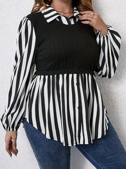 KissICON Plus Size Women's Casual Striped Sleeve Blouse - Black & White Contrast, Puffed Shoulders, Classic Collar, All-Season Versatile Top, Ladies Sleeve Tops, Puffed Shoulder Design