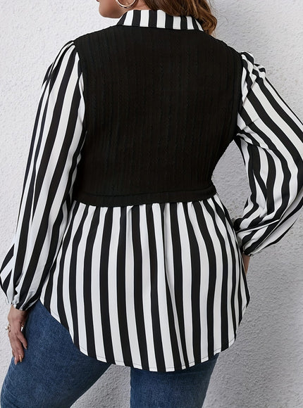 KissICON Plus Size Women's Casual Striped Sleeve Blouse - Black & White Contrast, Puffed Shoulders, Classic Collar, All-Season Versatile Top, Ladies Sleeve Tops, Puffed Shoulder Design