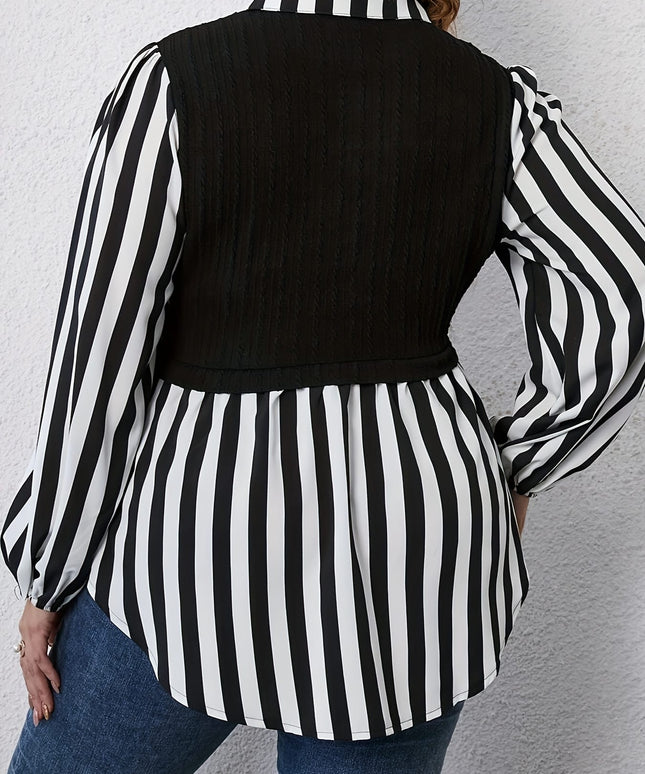 KissICON Plus Size Women's Casual Striped Sleeve Blouse - Black & White Contrast, Puffed Shoulders, Classic Collar, All-Season Versatile Top, Ladies Sleeve Tops, Puffed Shoulder Design
