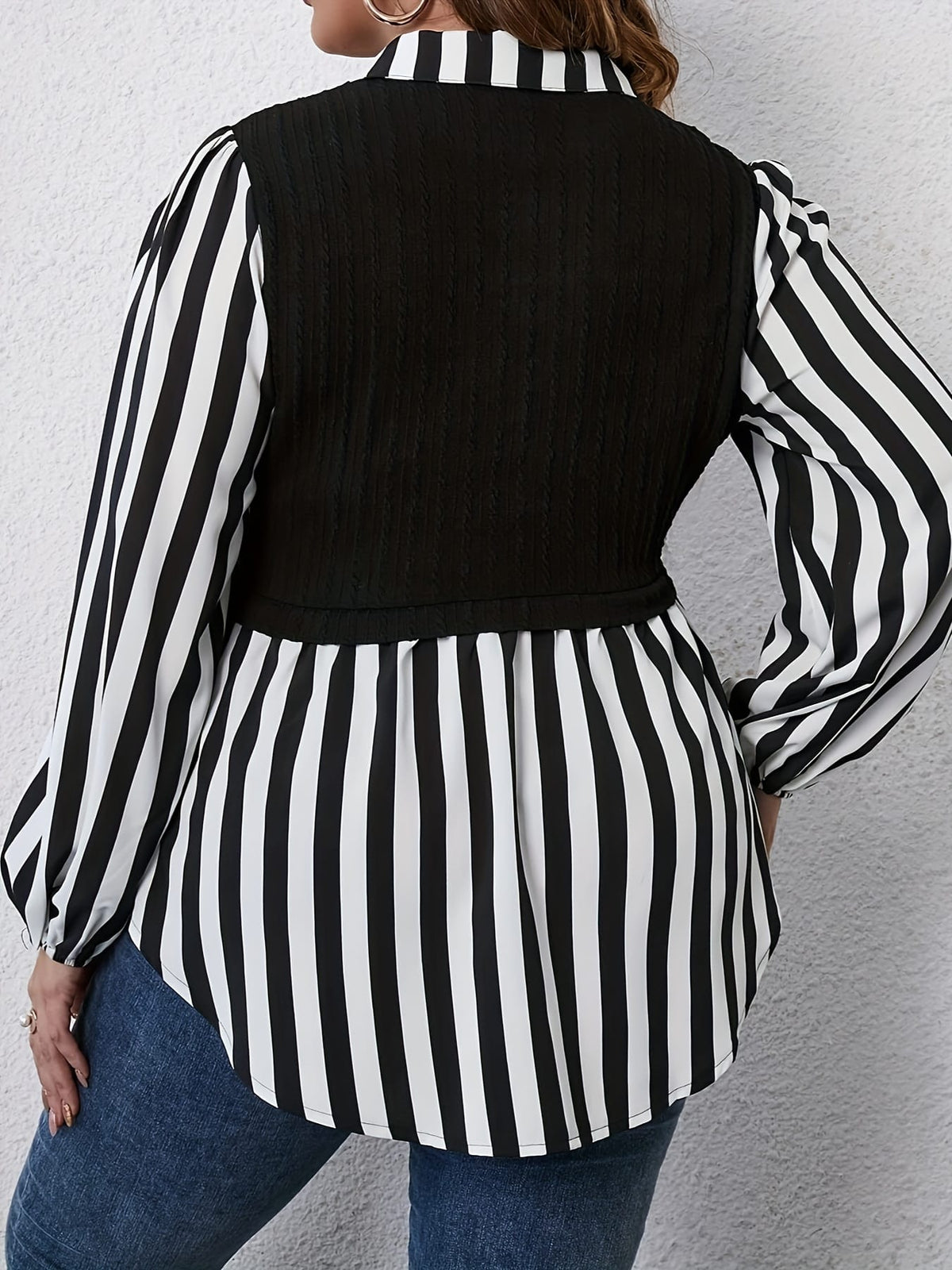 KissICON Plus Size Women's Casual Striped Sleeve Blouse - Black & White Contrast, Puffed Shoulders, Classic Collar, All-Season Versatile Top, Ladies Sleeve Tops, Puffed Shoulder Design
