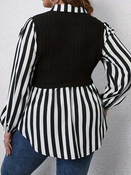 KissICON Plus Size Women's Casual Striped Sleeve Blouse - Black & White Contrast, Puffed Shoulders, Classic Collar, All-Season Versatile Top, Ladies Sleeve Tops, Puffed Shoulder Design