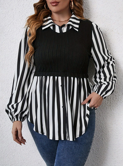 KissICON Plus Size Women's Casual Striped Sleeve Blouse - Black & White Contrast, Puffed Shoulders, Classic Collar, All-Season Versatile Top, Ladies Sleeve Tops, Puffed Shoulder Design