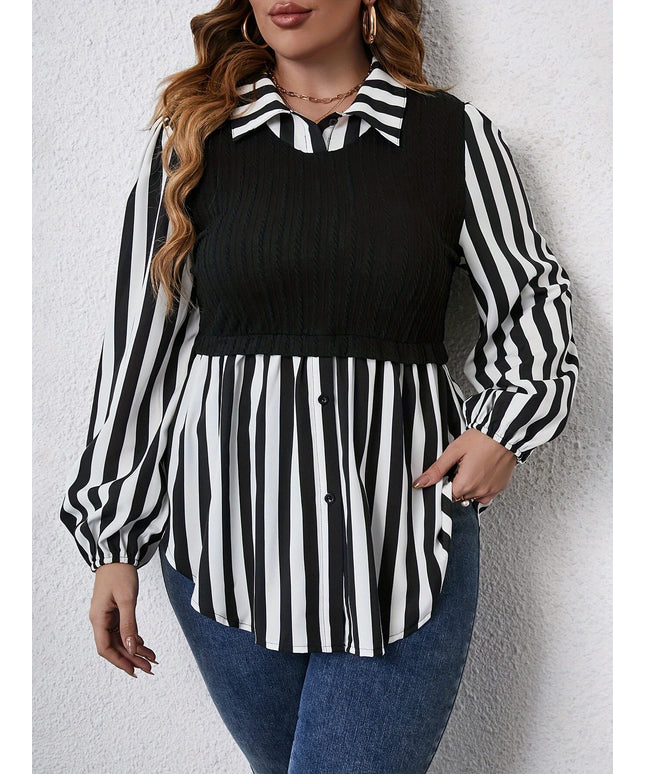 KissICON Plus Size Women's Casual Striped Sleeve Blouse - Black & White Contrast, Puffed Shoulders, Classic Collar, All-Season Versatile Top, Ladies Sleeve Tops, Puffed Shoulder Design