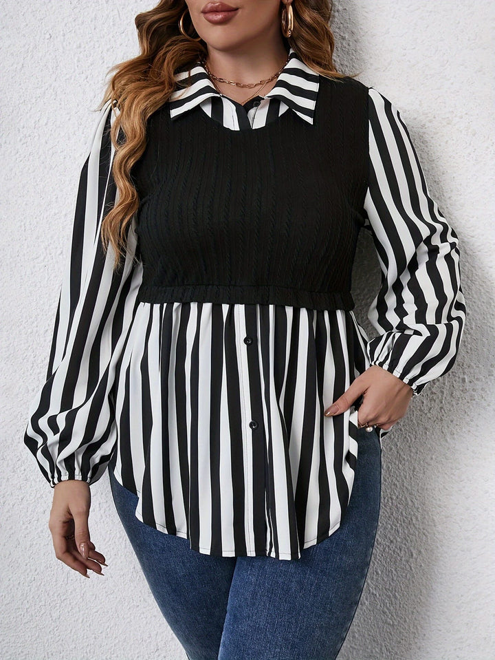 Plus Size Women's Casual Striped Sleeve Blouse - Black & White Contrast, Puffed Shoulders, Classic Collar, All-Season Versatile Top, Ladies Sleeve Tops, Puffed Shoulder Design