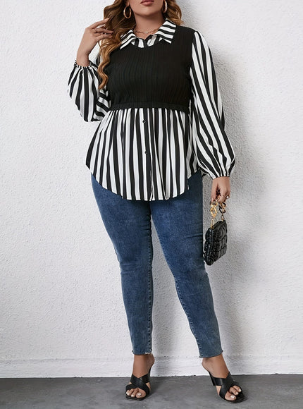 KissICON Plus Size Women's Casual Striped Sleeve Blouse - Black & White Contrast, Puffed Shoulders, Classic Collar, All-Season Versatile Top, Ladies Sleeve Tops, Puffed Shoulder Design