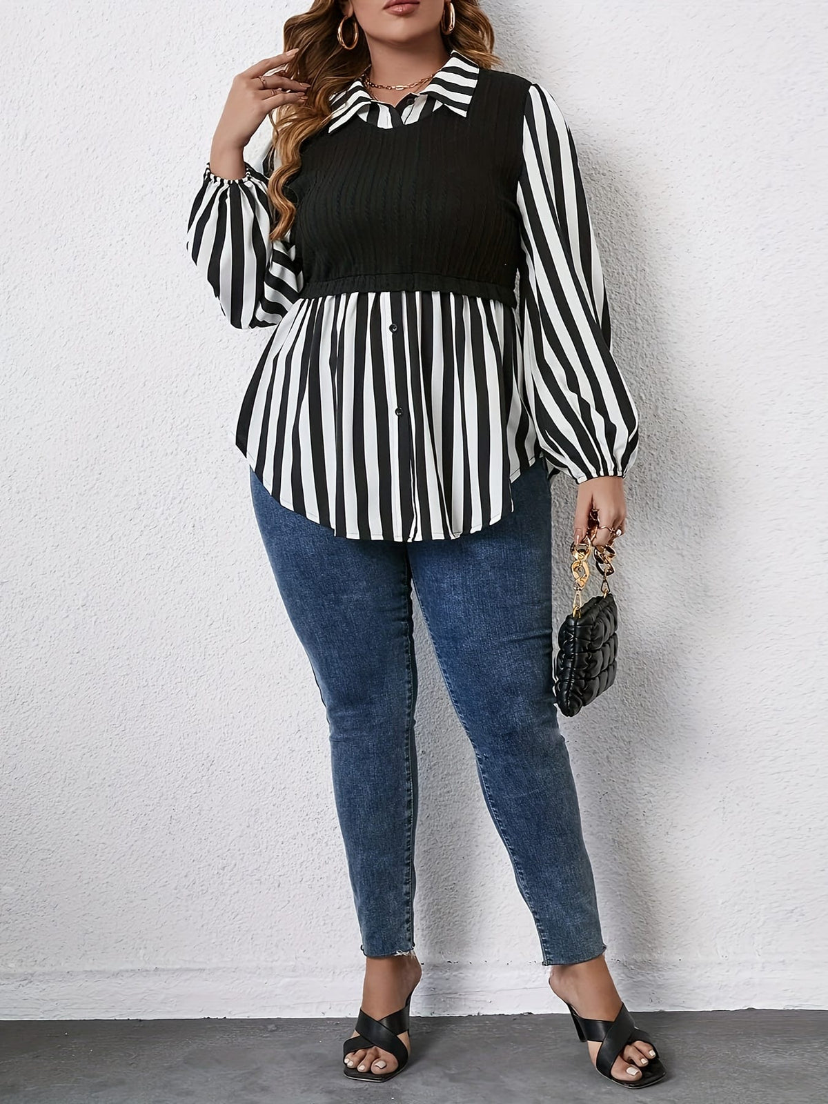 KissICON Plus Size Women's Casual Striped Sleeve Blouse - Black & White Contrast, Puffed Shoulders, Classic Collar, All-Season Versatile Top, Ladies Sleeve Tops, Puffed Shoulder Design